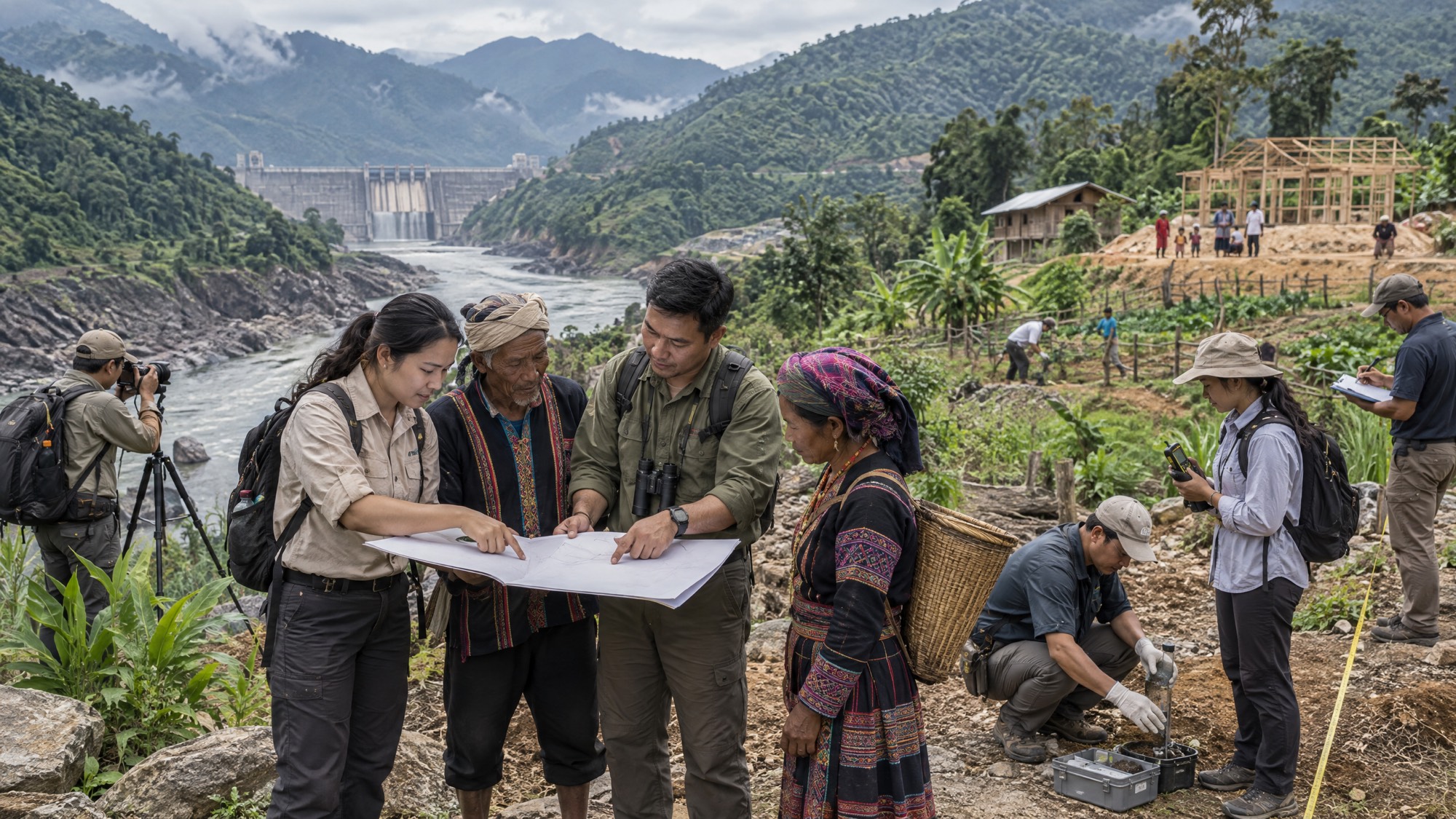 Field team reviewing a map with village elders near a river and hydropower dam