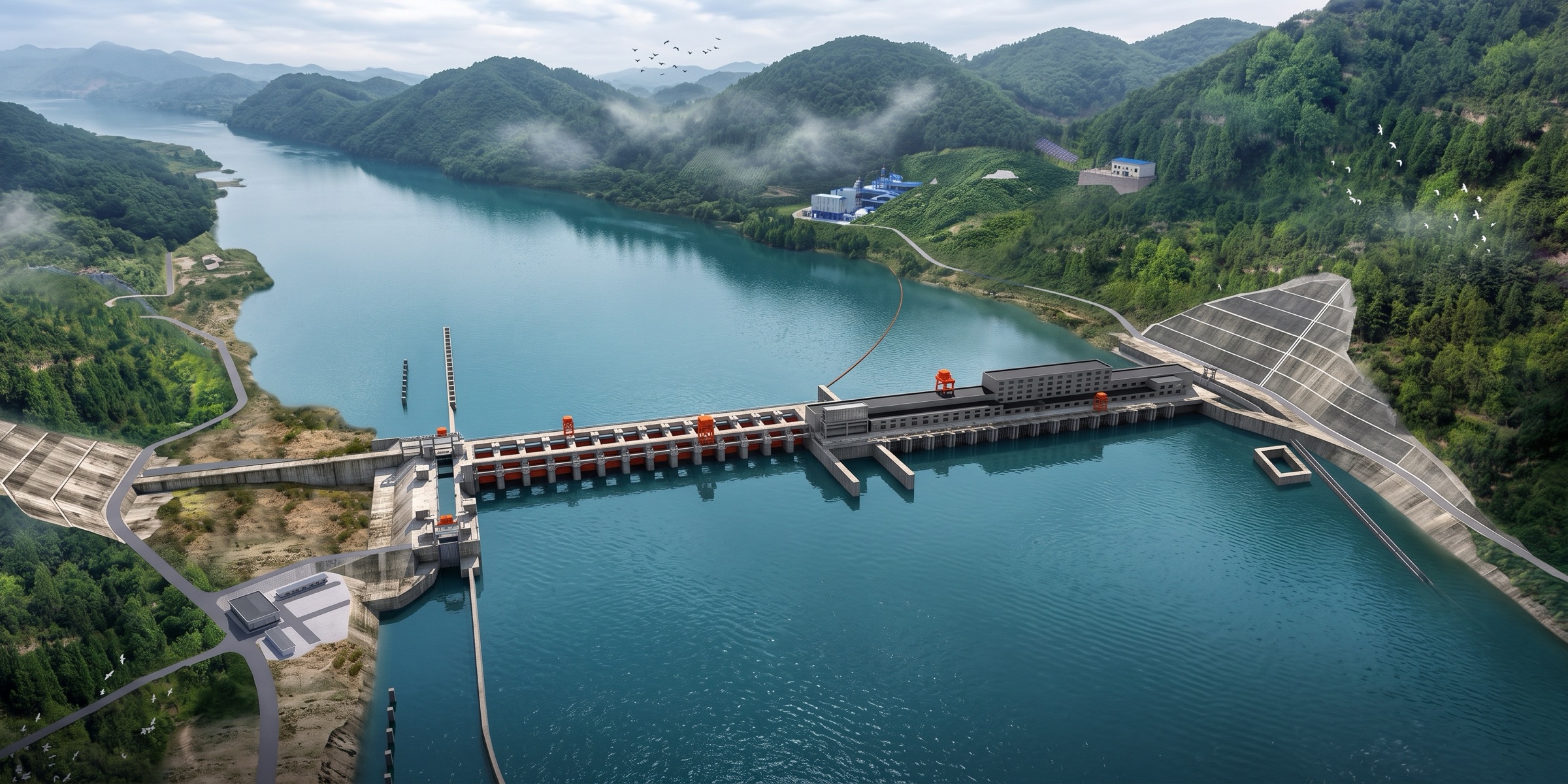 Aerial view of a hydropower dam and its reservoir between forested hills